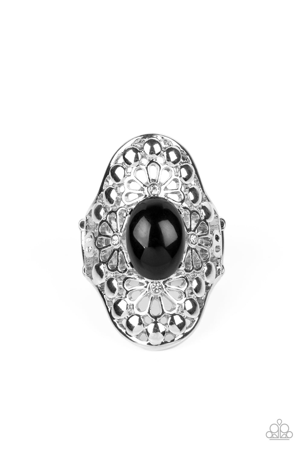 Mexican Magic - Black Bead Silver Floral Filigree Ring Paparazzi R0596