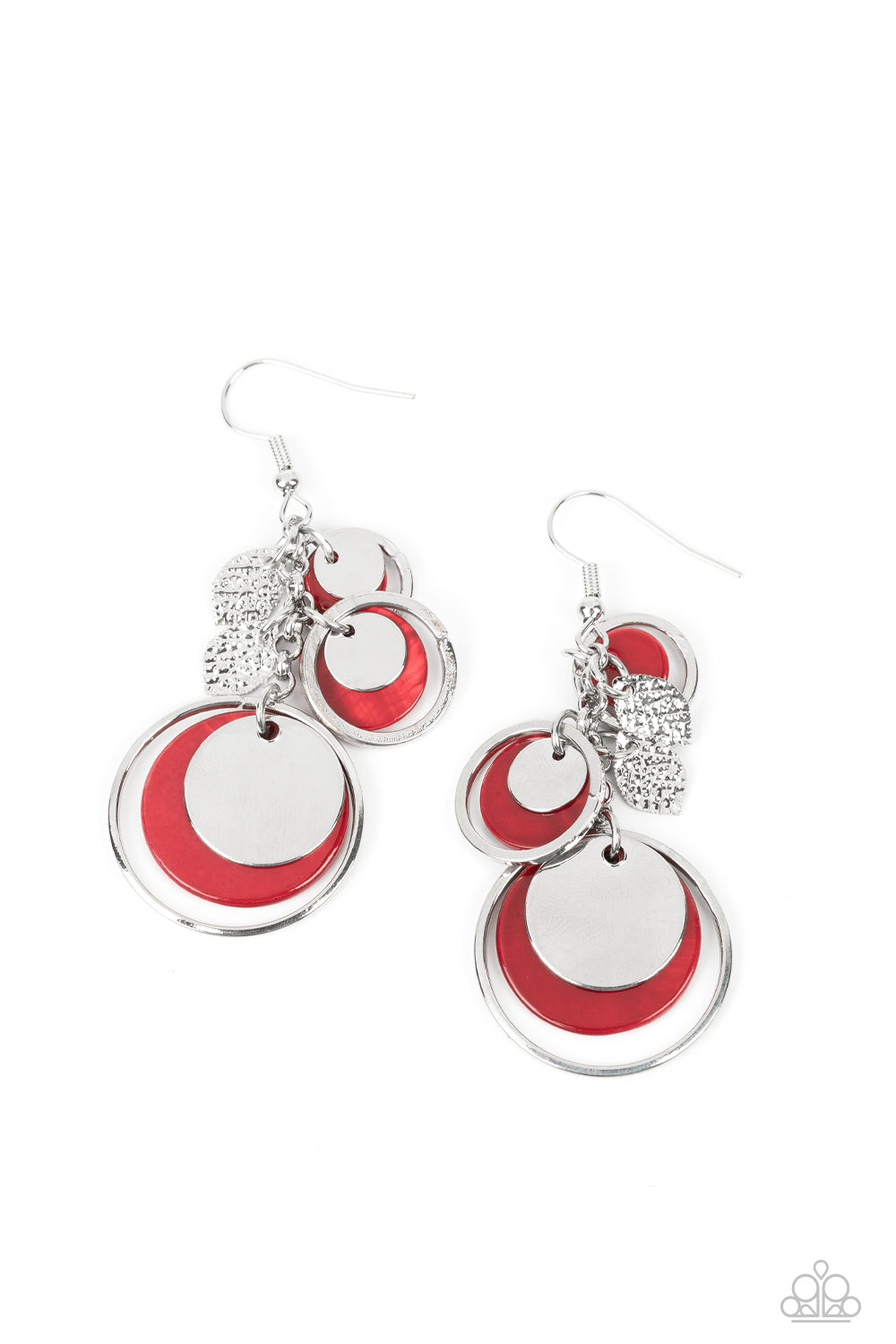 Saved by the SHELL - Red Shell-Like Disc Silver Ring Earring Paparazzi E1404