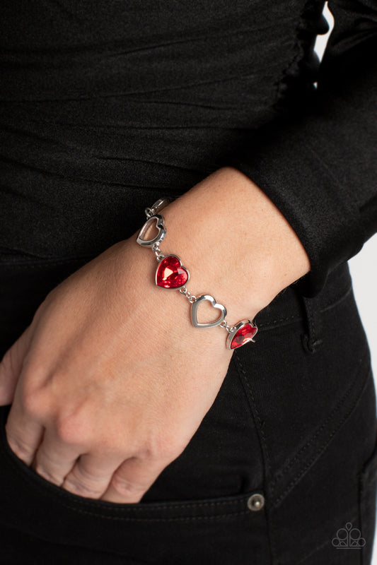 Sentimental Sweethearts - Red Heart Silver Bracelet Paparazzi B0904