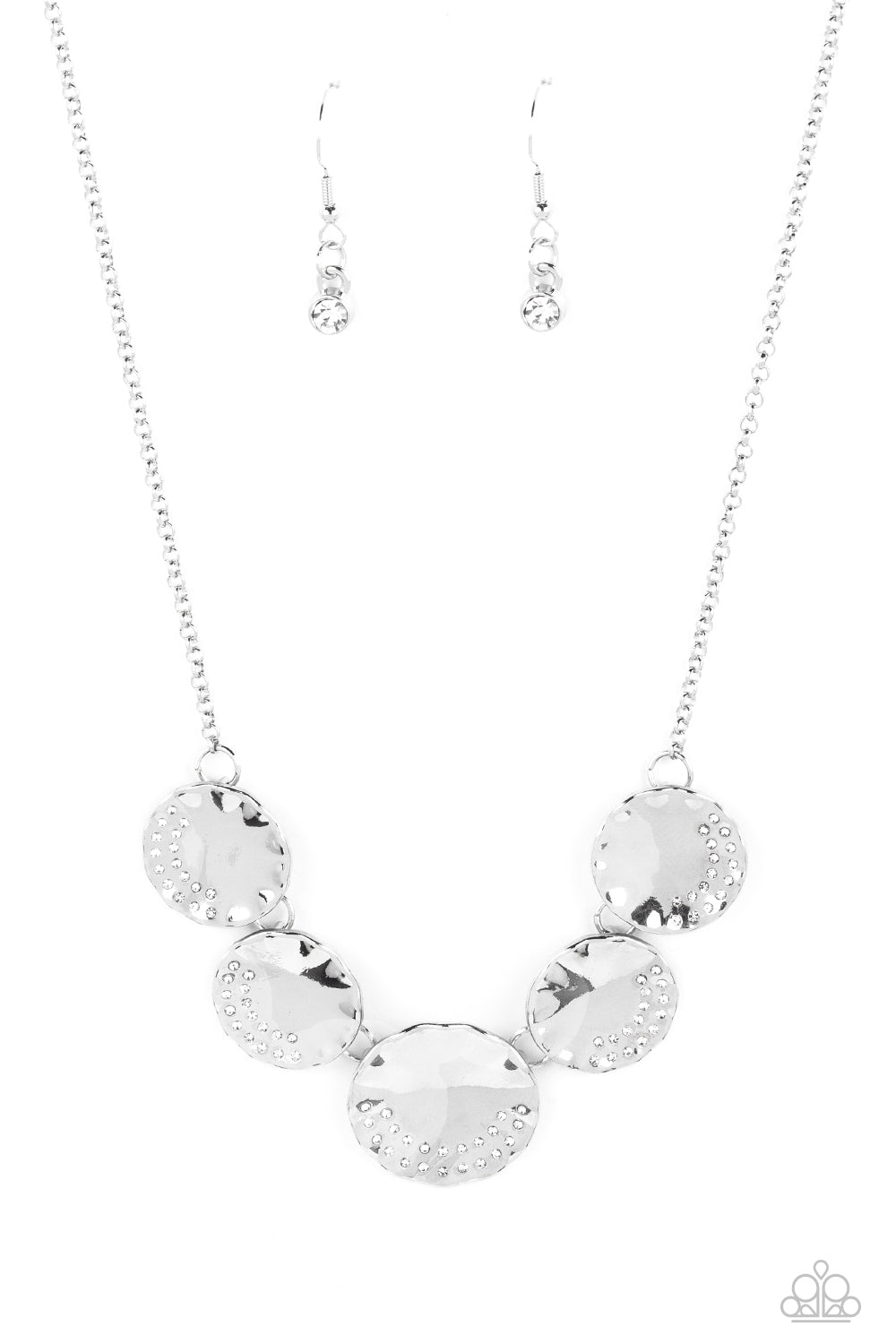 Swanky Shimmer - White Rhinestone Silver Disc Necklace Paparazzi N1653