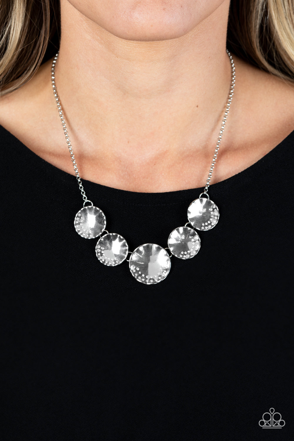 Swanky Shimmer - White Rhinestone Silver Disc Necklace Paparazzi N1653