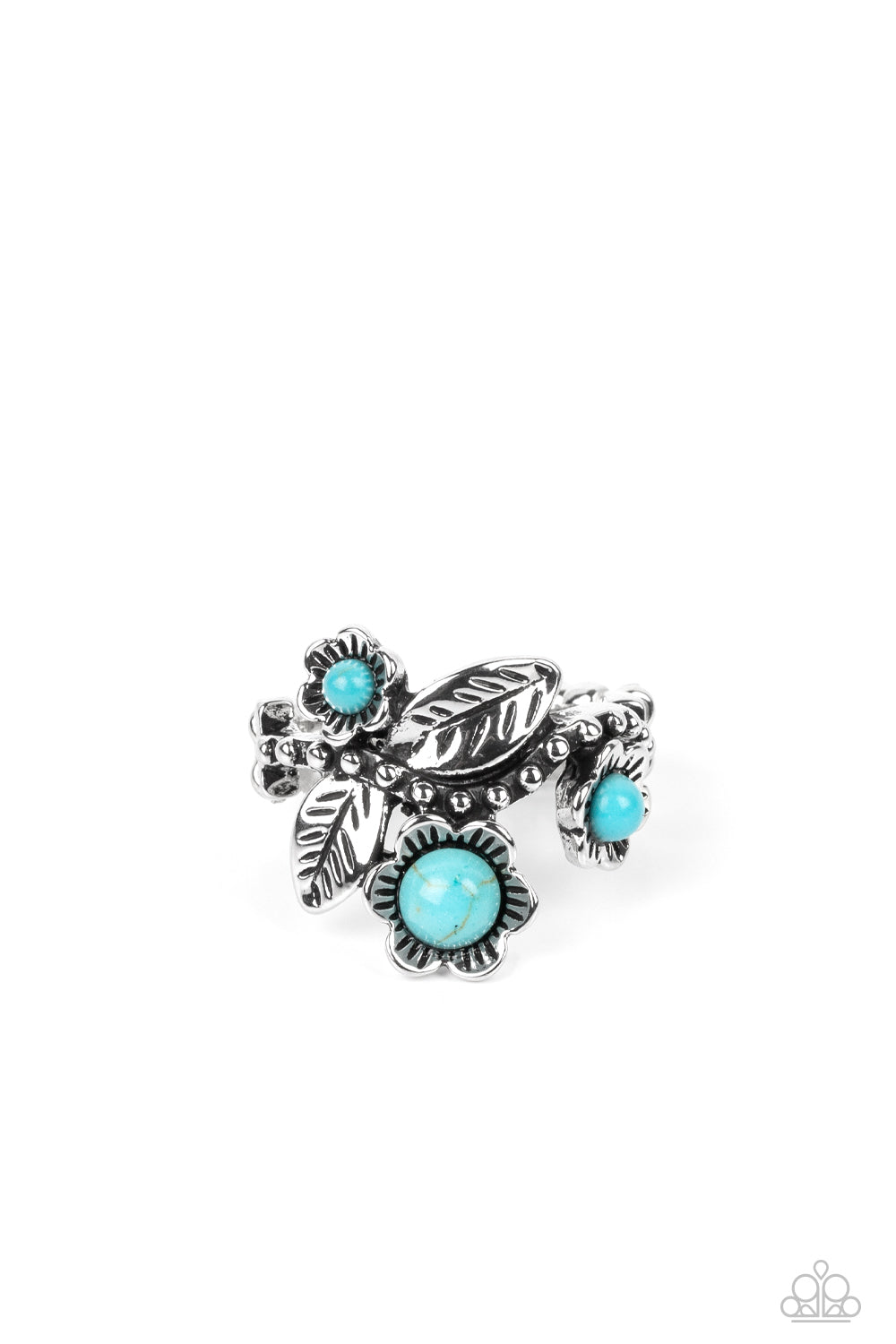 Wonderland Wildflower - Blue Turquoise Center Silver Flower Santa Fe Style Ring Paparazzi R0397