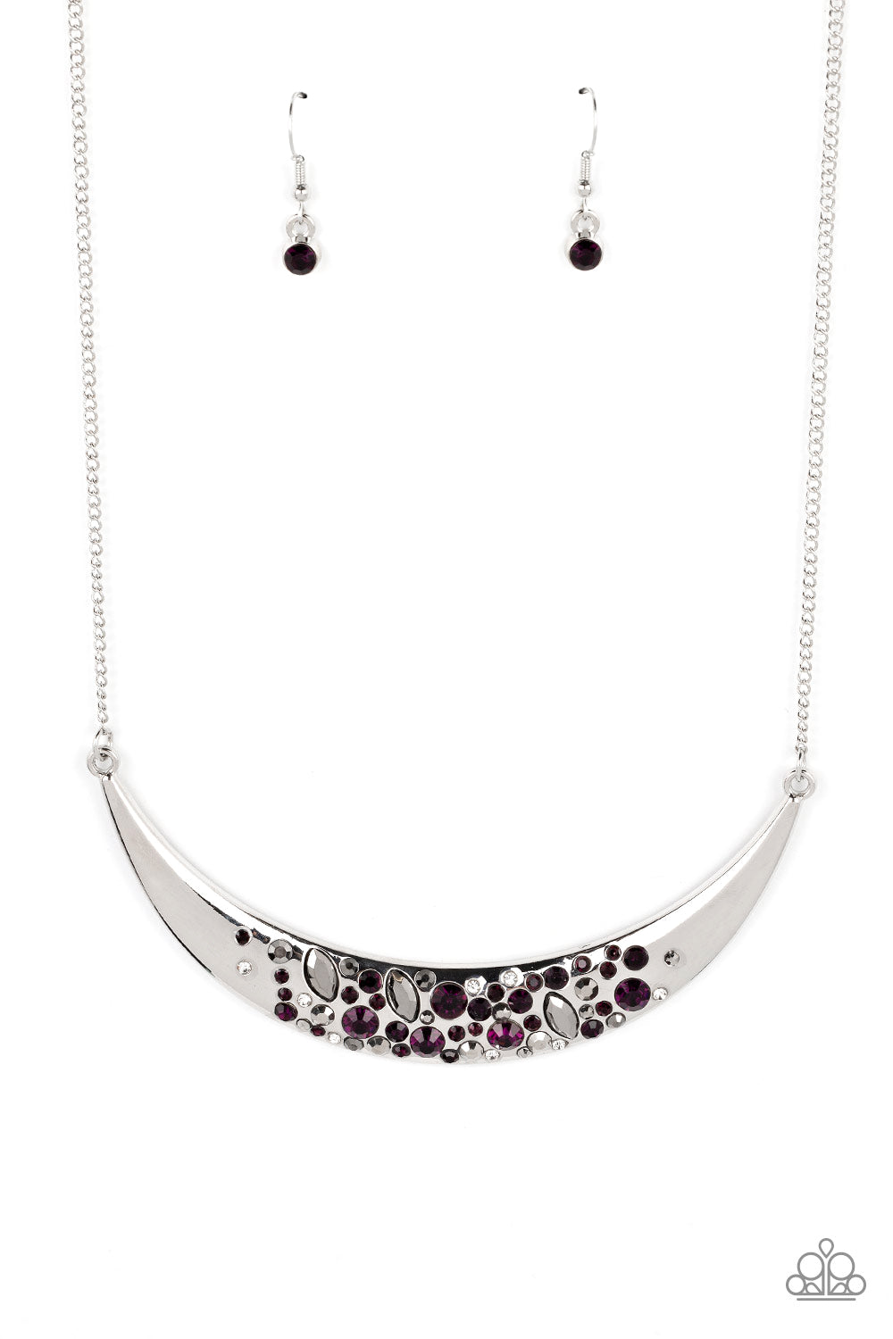 Bejeweled Baroness - Purple, Hematite Gem White Rhinestone Crescent Necklace Paparazzi N1726