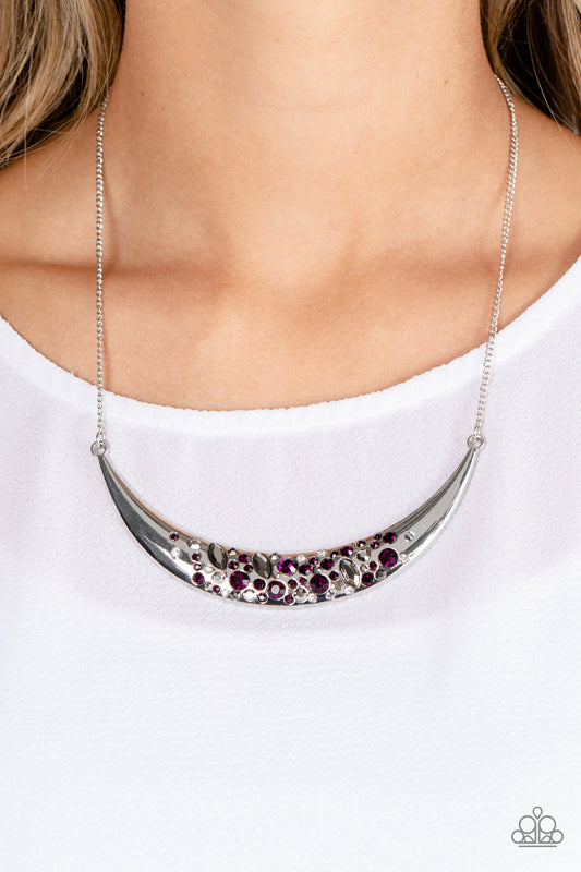 Bejeweled Baroness - Purple, Hematite Gem White Rhinestone Crescent Necklace Paparazzi N1726