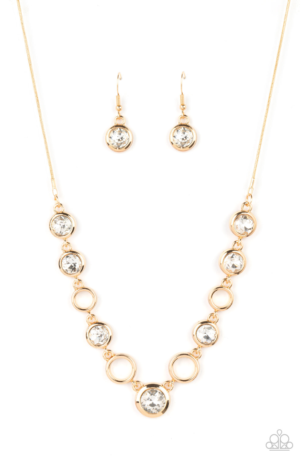 Elegantly Elite - Gold White Rhinestone Necklace Paparazzi N1260