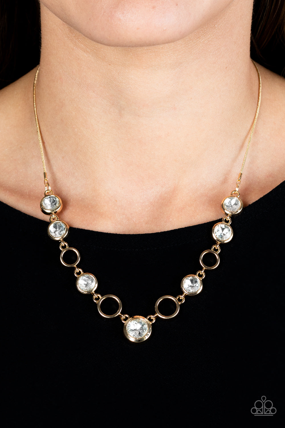 Elegantly Elite - Gold White Rhinestone Necklace Paparazzi N1260