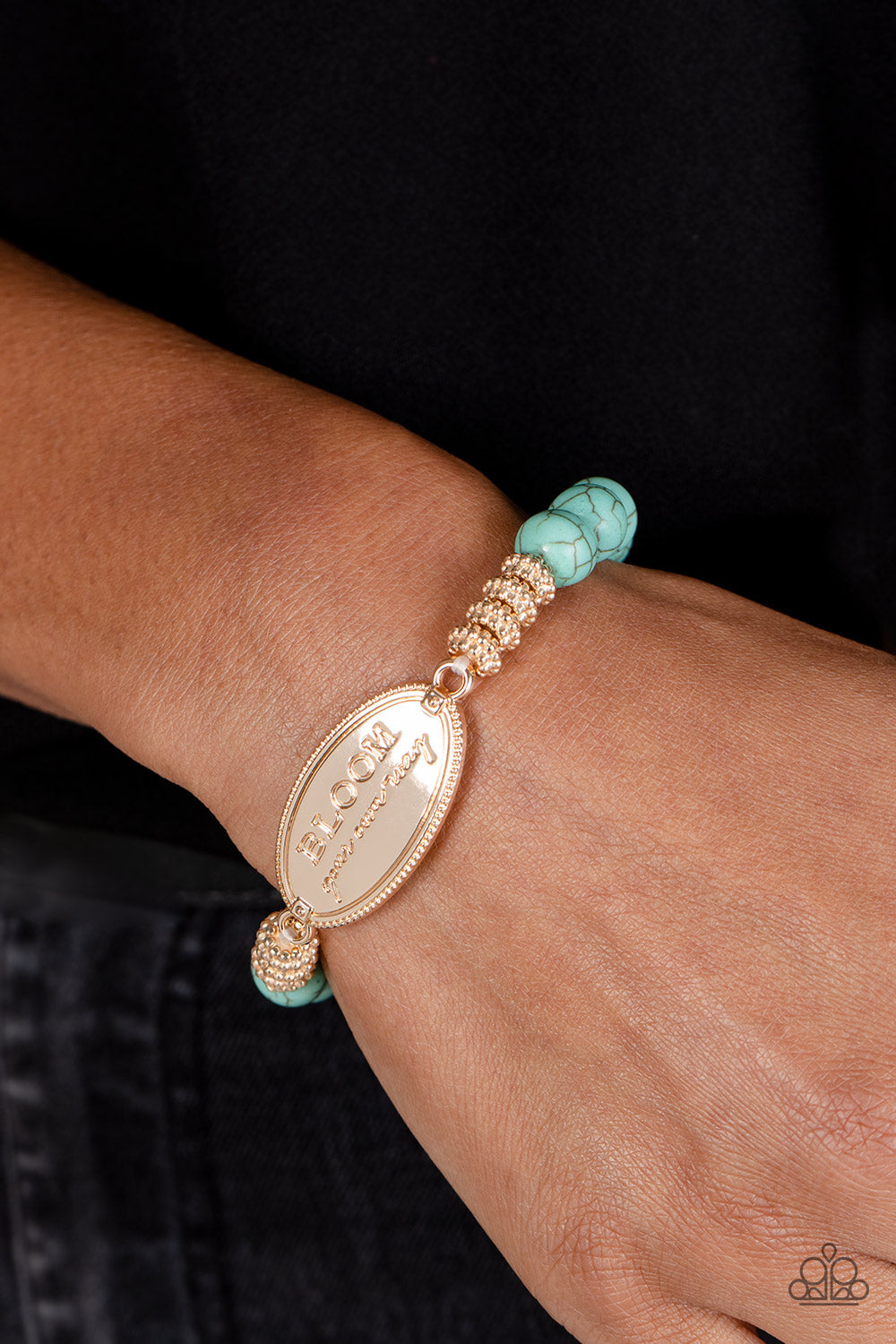 Bedouin Bloom - Gold & Light Blue Stone Santa Fe Style Inspirational Bracelet "BLOOM your own way" Paparazzi B1006