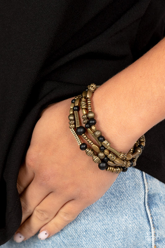 Jungle Jubilee - Brass & Black Wooden Bead Stretch Bracelet Paparazzi B1071