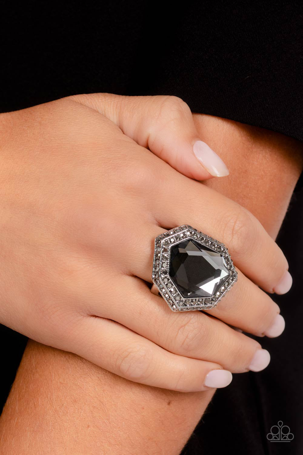 Smoldering Sass - Silver Smoky Gem Hematite Rhinestone Ring Paparazzi R0409