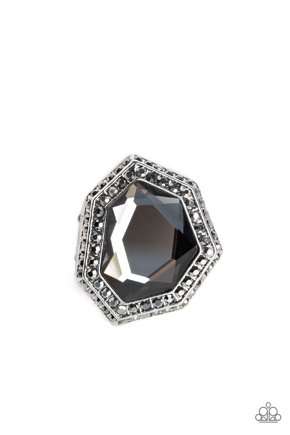 Smoldering Sass - Silver Smoky Gem Hematite Rhinestone Ring Paparazzi R0409