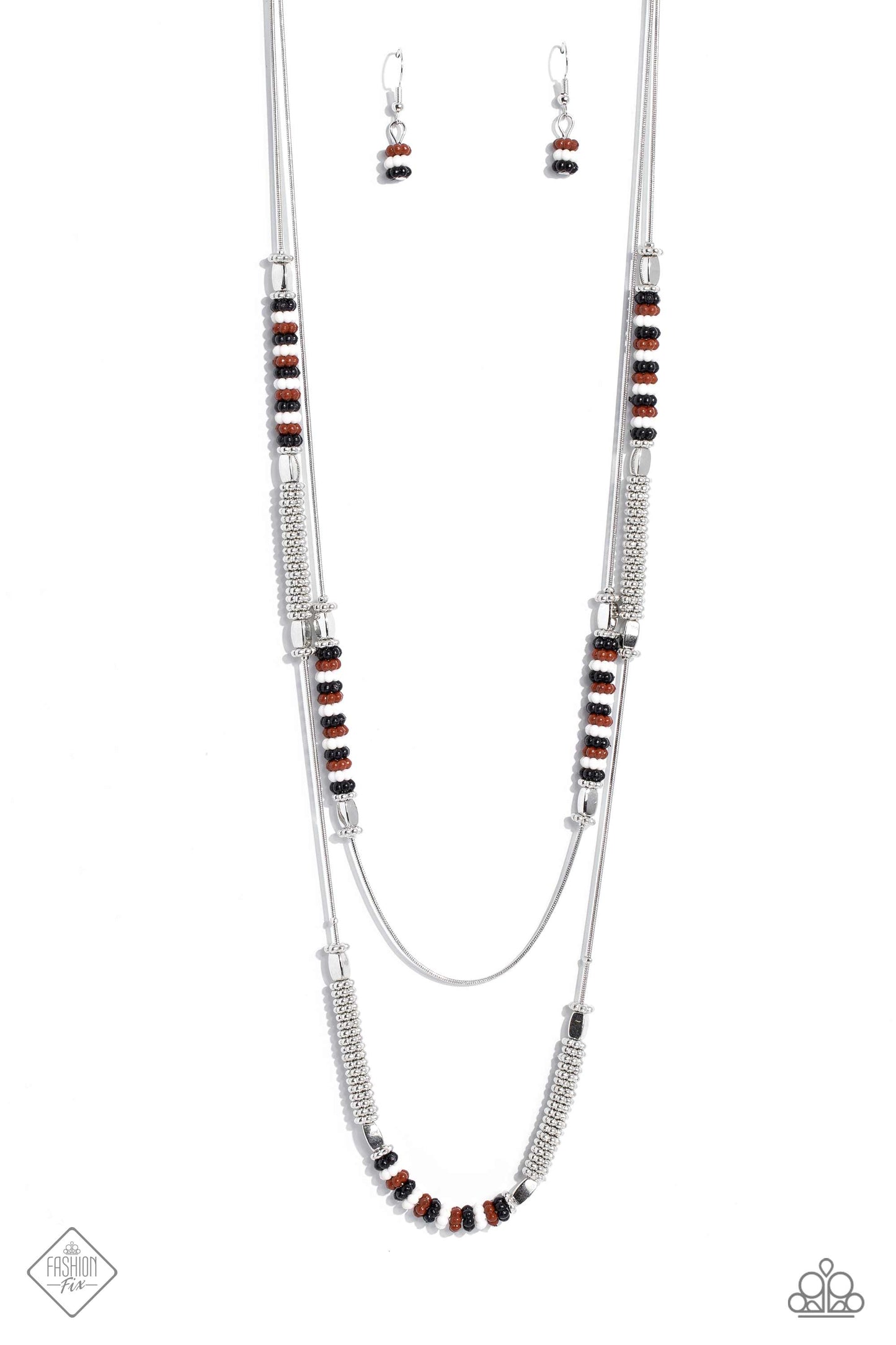 Caviar Chic - Multi Layered Silver, White, Caramel Cafe, Black Bead Necklace Fashion Fix February 2023 Paparazzi N1380