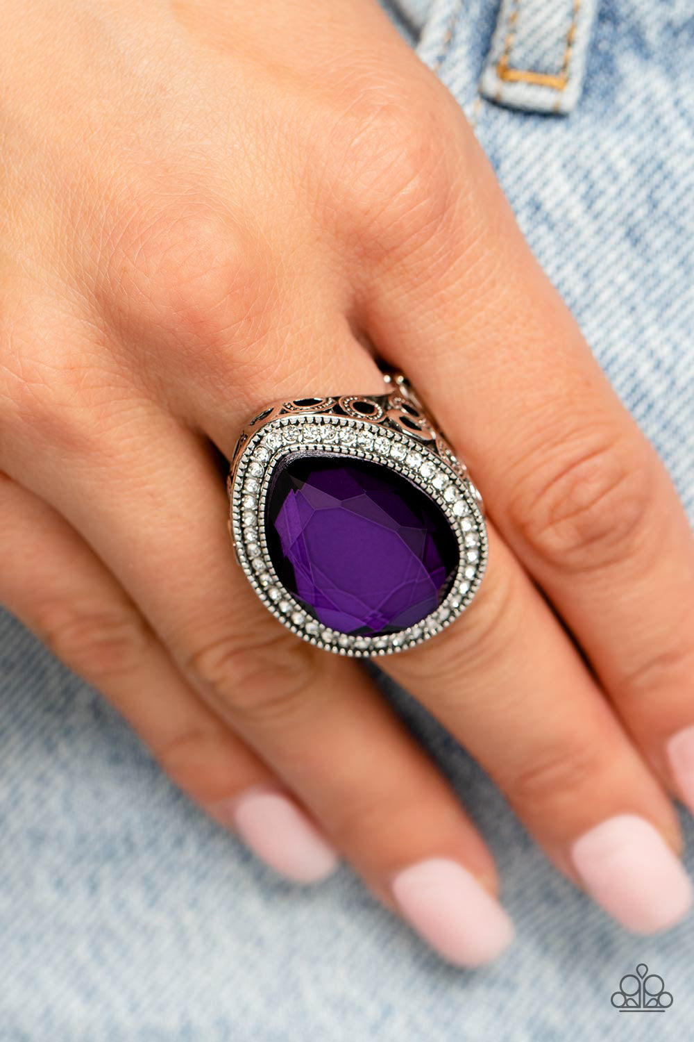 Illuminated Icon - Purple Teardrop Gem White Rhinestone Silver Ring Paparazzi R0113