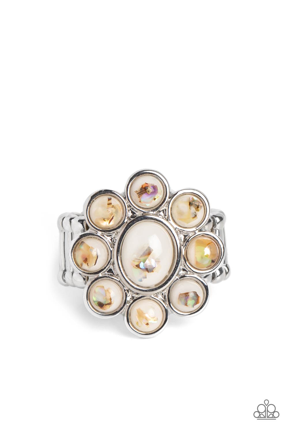 Time to SHELL-ebrate - White Iridescent Shell Shimmer Ring Paparazzi R0476