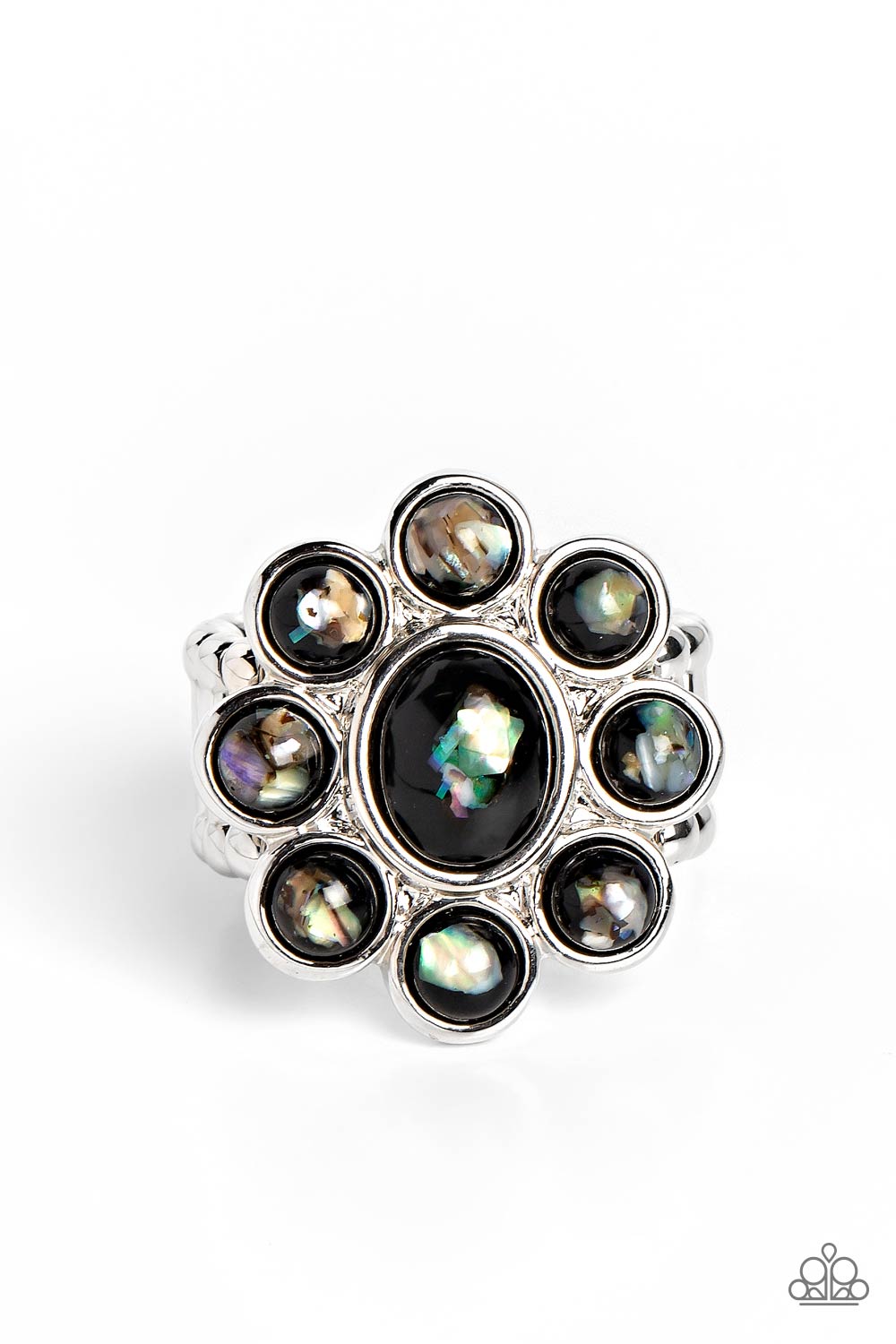 Time to SHELL-ebrate - Black Iridescent Shell Flower Ring Paparazzi R0593