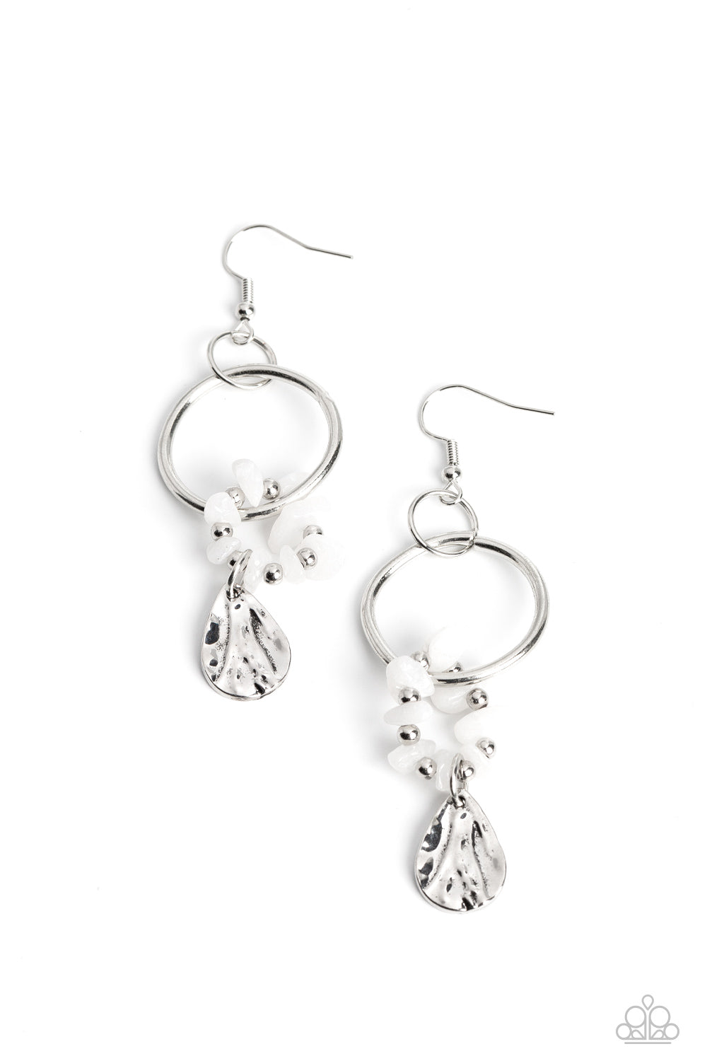 Fossil Flair - White Stone, Hammered Silver Teardrop Earring Paparazzi E1135