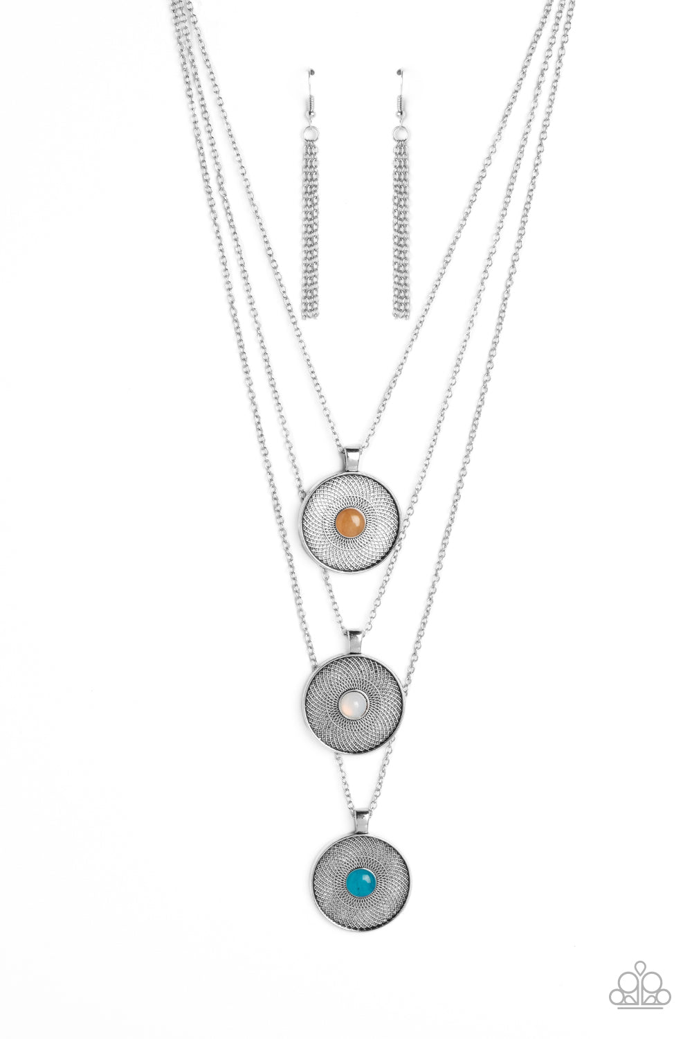 Geographic Grace - Multi Layered Orange, Opal White and Turquoise Color Stone Santa Fe Style Necklace Paparazzi N1548