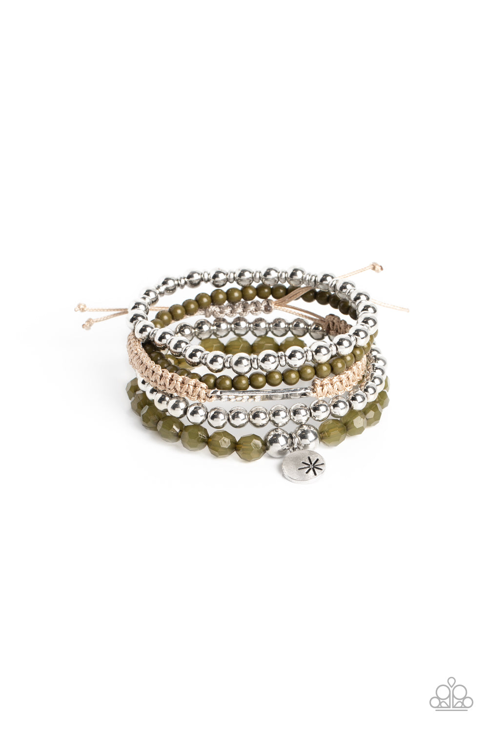 Offshore Outing - Green Olive & Silver Bead Stretch Bracelet Paparazzi B0896