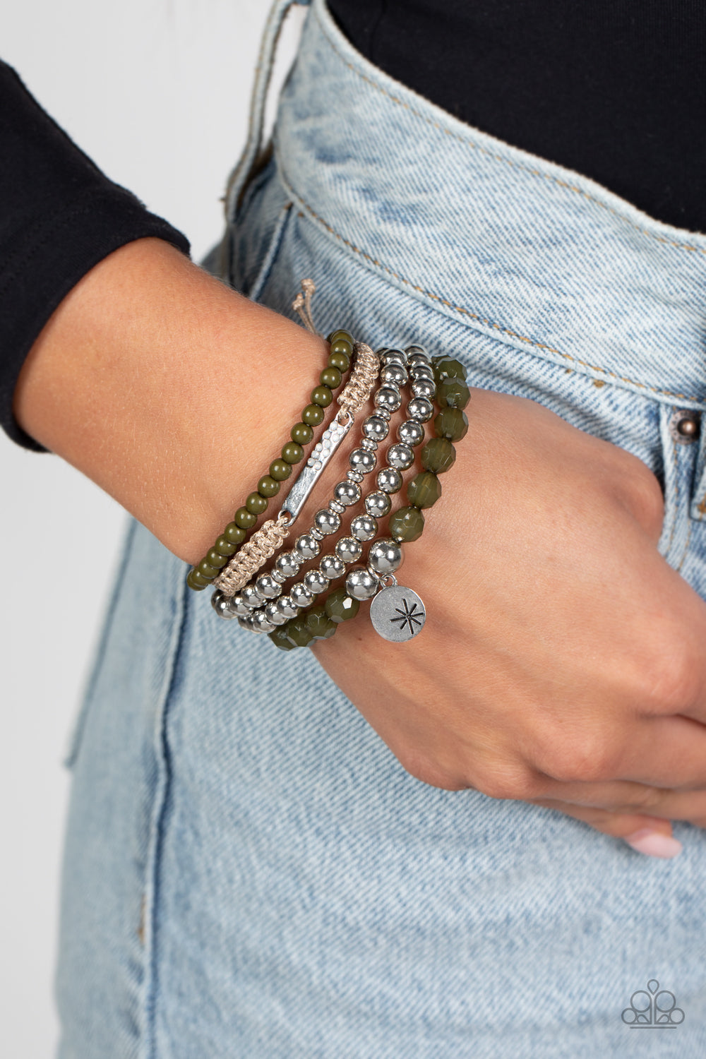 Offshore Outing - Green Olive & Silver Bead Stretch Bracelet Paparazzi B0896