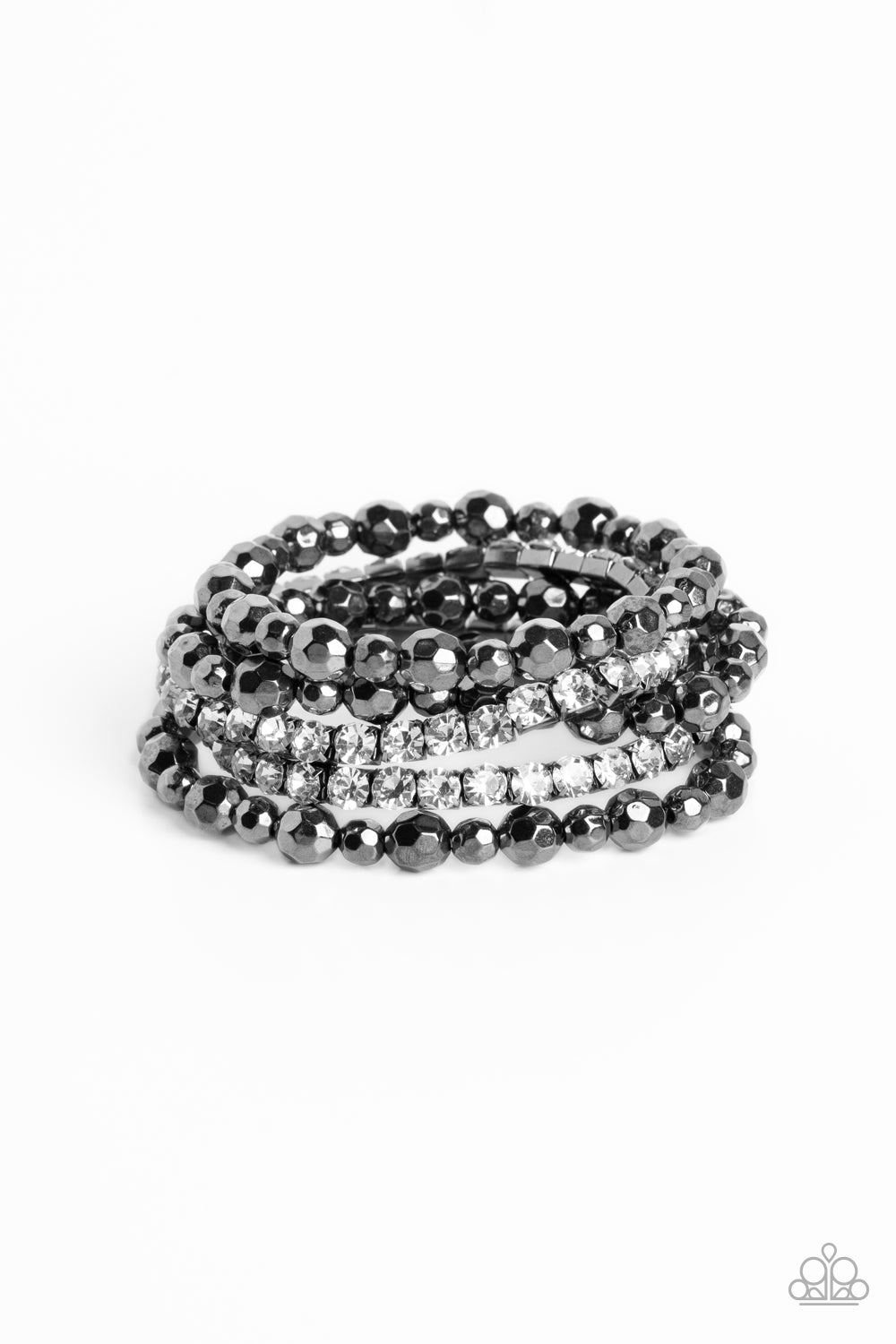 Top Notch Twinkle - Black Gunmetal & White Gem Bead Stretch Bracelet Set Paparazzi B1312