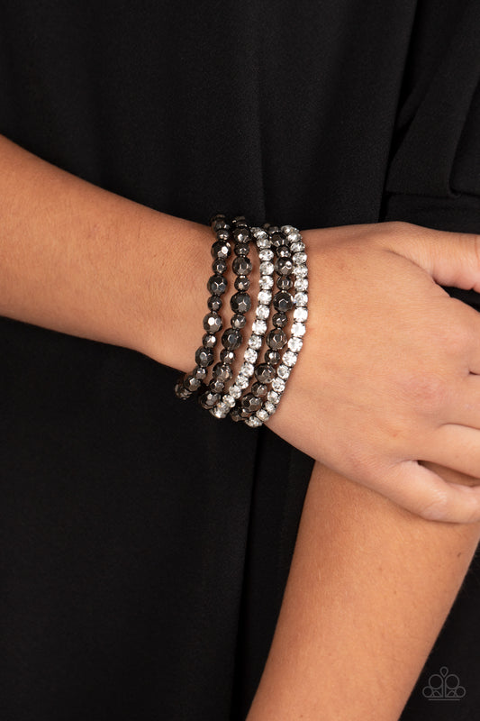 Top Notch Twinkle - Black Gunmetal & White Gem Bead Stretch Bracelet Set Paparazzi B1312