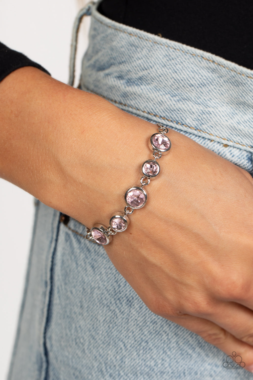 Classically Cultivated - Pink Rhinestone Silver Snake Chain Sliding Bead Closure Bracelet Paparazzi B0903