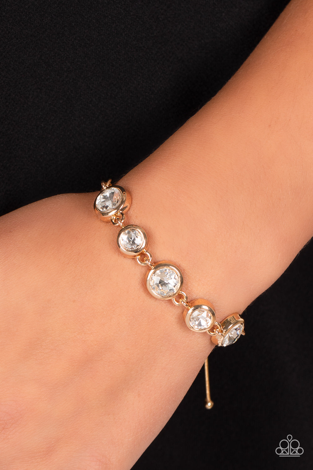 Classically Cultivated - Gold Snake Chain White Rhinestone Sliding Bead Closure Bracelet Paparazzi B0833