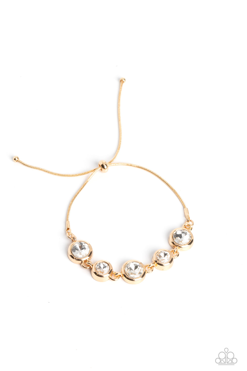 Classically Cultivated - Gold Snake Chain White Rhinestone Sliding Bead Closure Bracelet Paparazzi B0833