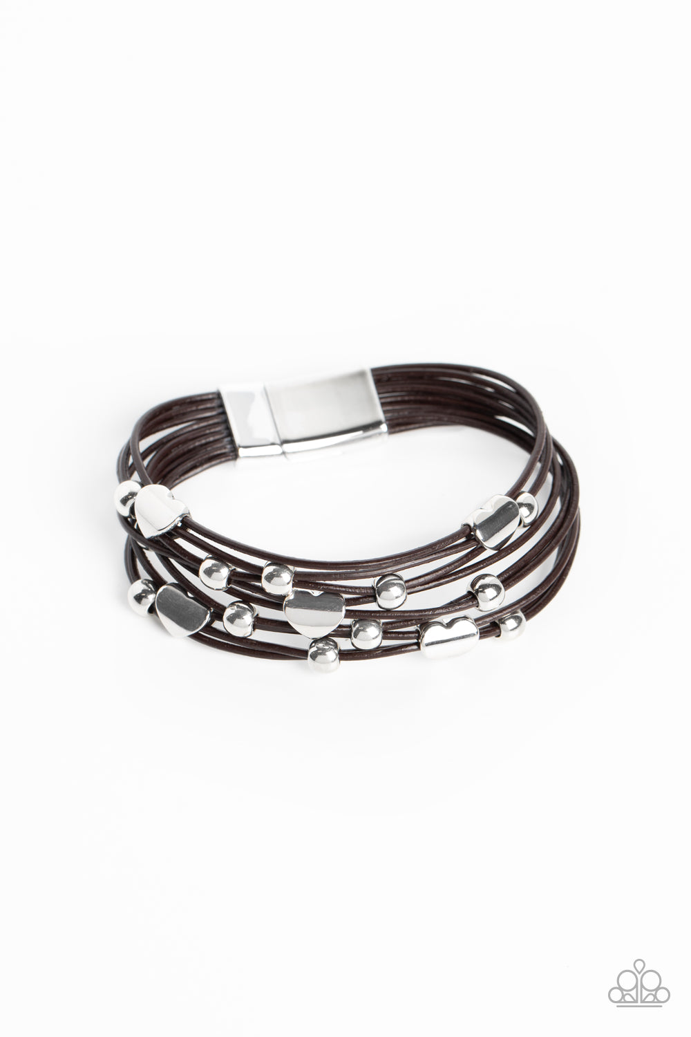 Aphrodite Ascending - Brown Cord Silver Heart Magnetic Closure Bracelet Paparazzi B0936