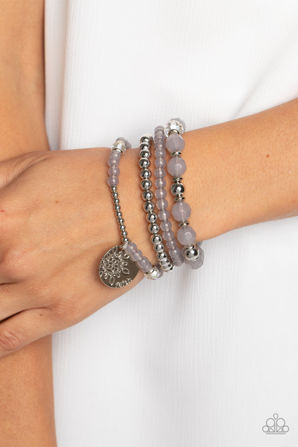 Surfer Style - Silver Opaque, Silver & Clear Reflective Bead Stretch Bracelets Paparazzi B1015