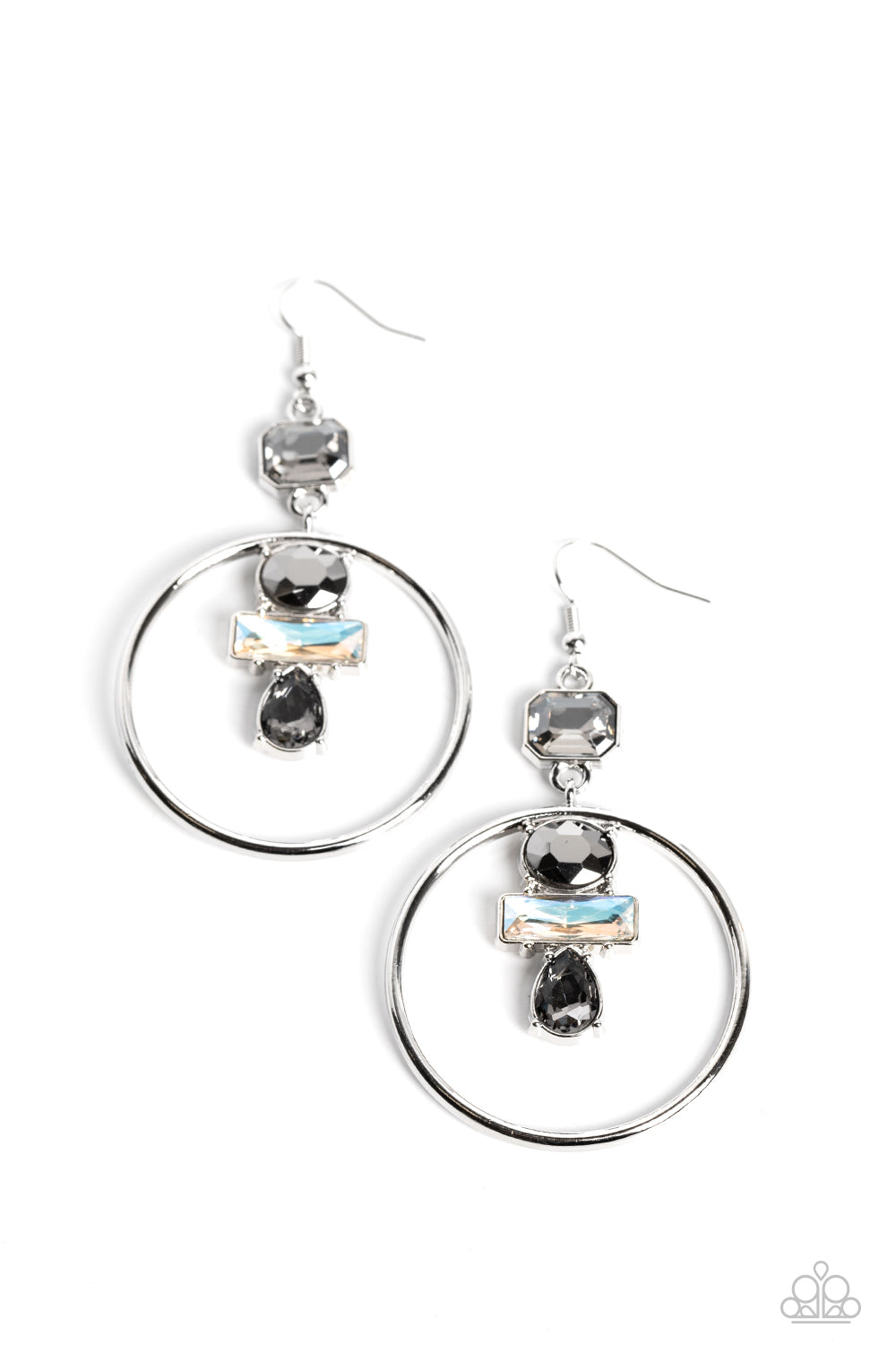 Geometric Glam - Silver Smoky, Hematite, White & Black Gem Earring Paparazzi E1229