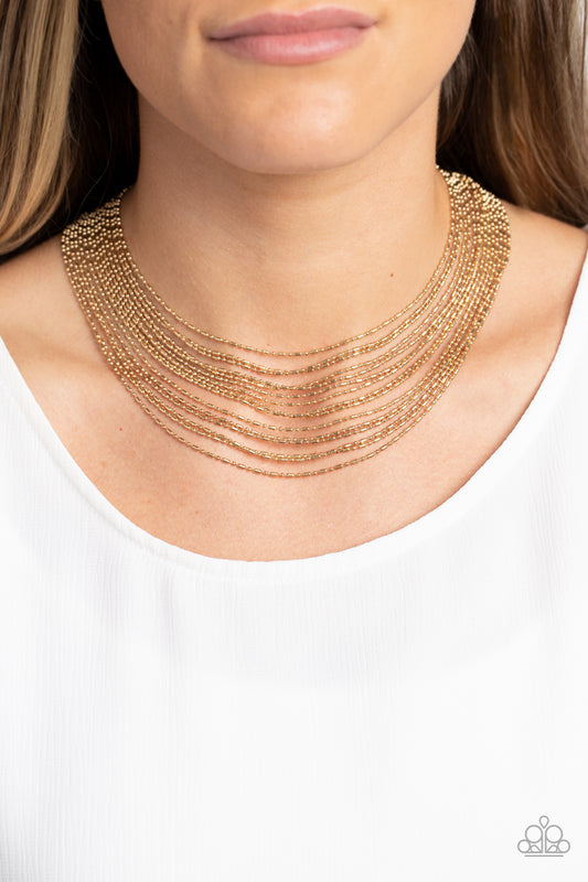 Cascading Chains - Gold Ball & Bar Chain Multilayer Necklace Paparazzi N1444