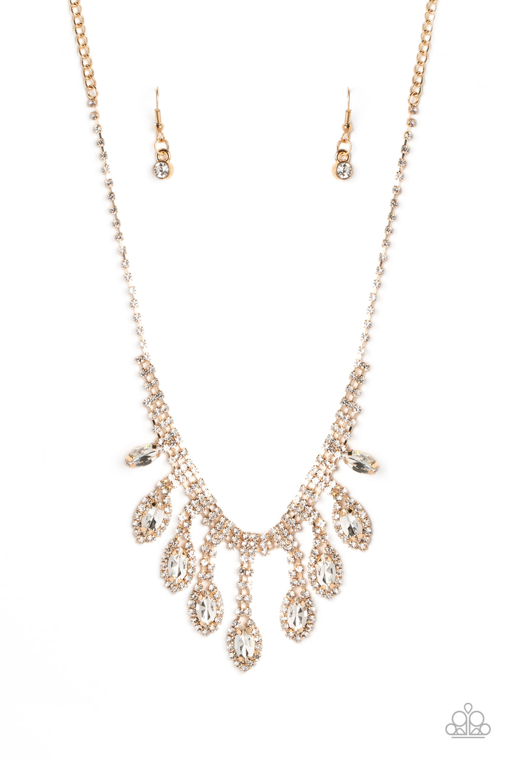 REIGNING Romance - Gold White Rhinestone Marquise Gem Necklace Paparazzi N1595