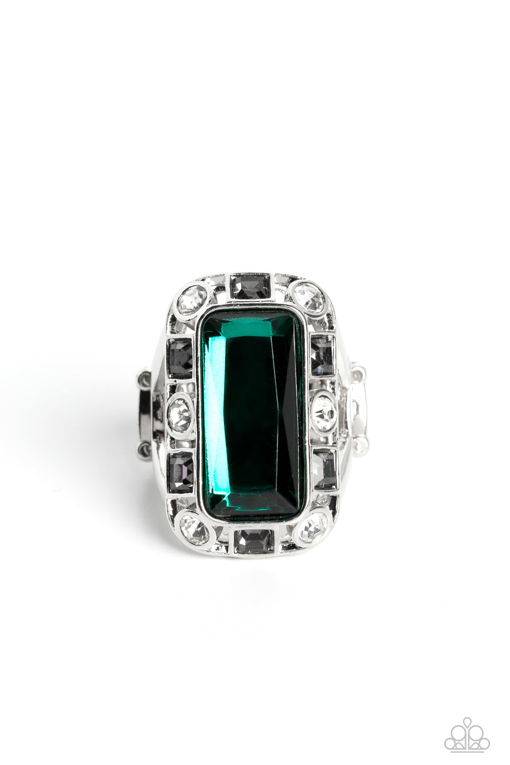 Radiant Rhinestones - Green Emerald, White, Smoky Gem Ring Paparazzi R0478