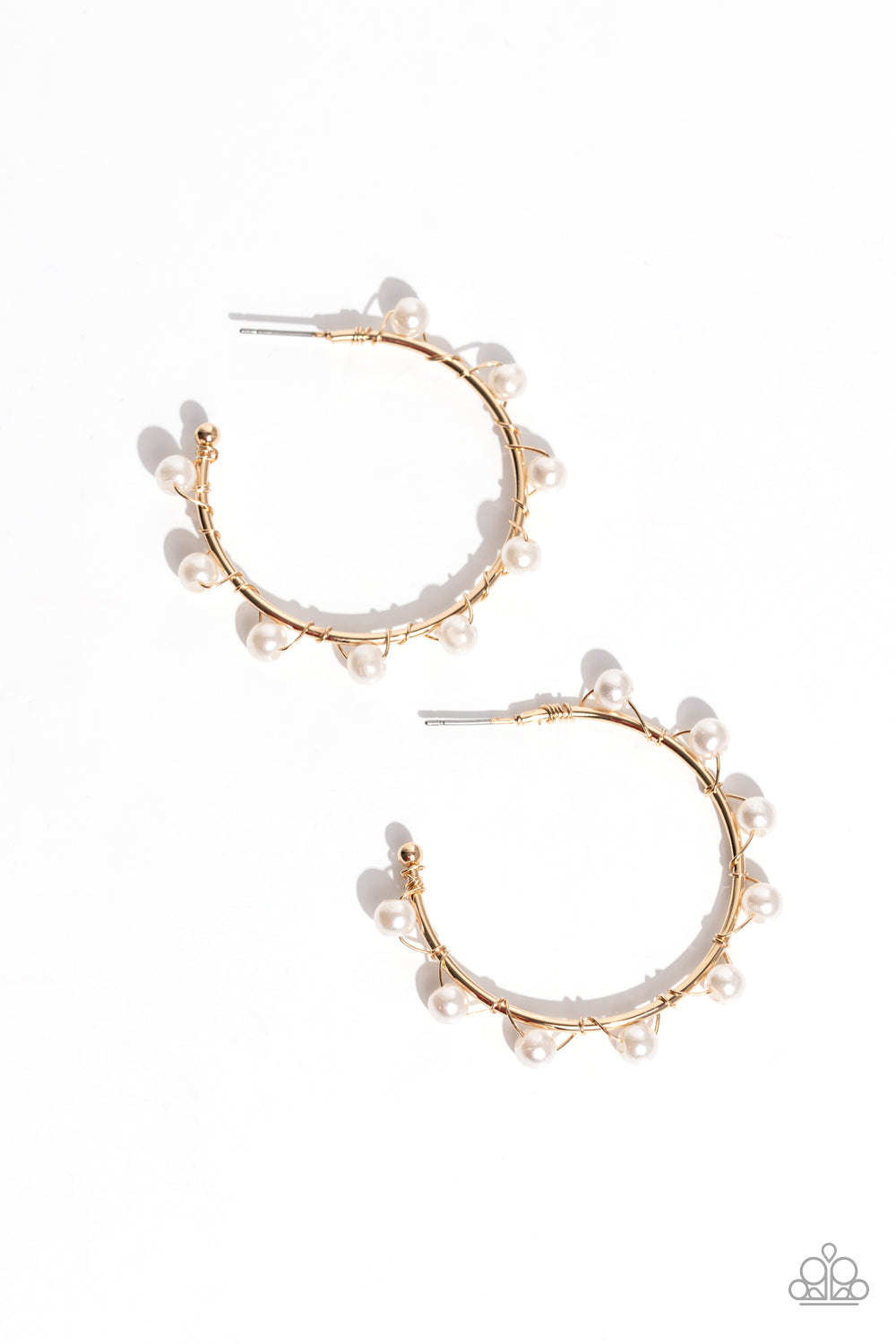 Night at the Gala - Gold & White Pearl 1 1/4 Inch Hoop Earring Paparazzi E1541