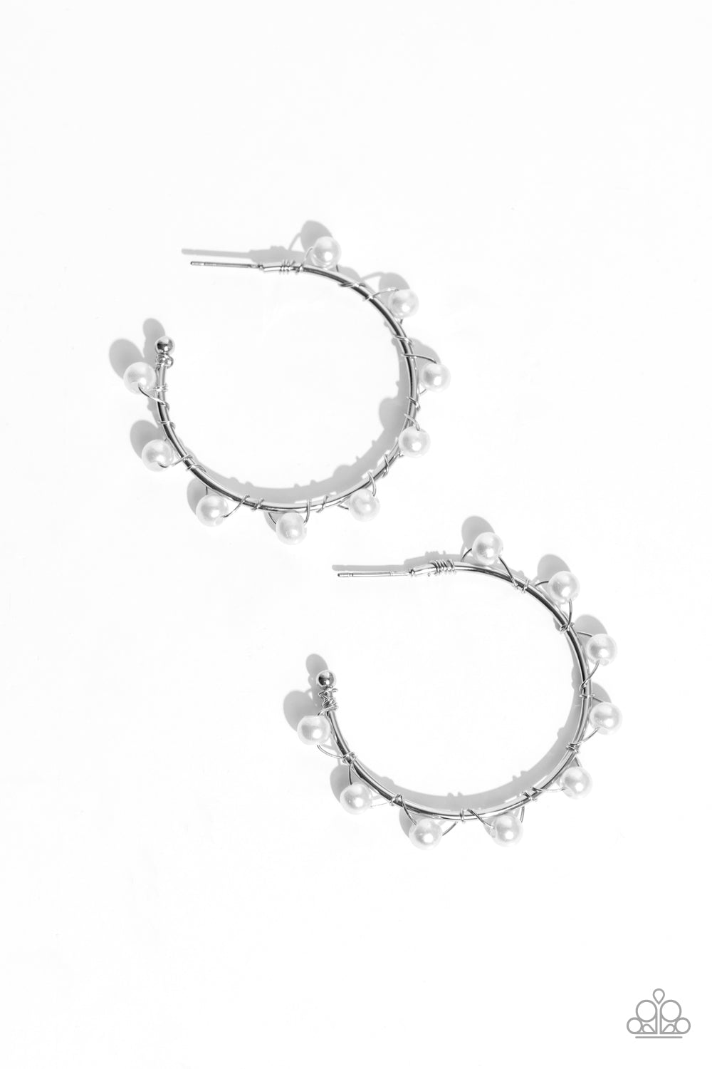 Night at the Gala - White Pearl Silver 1 1/4Inch Hoop Earring Paparazzi E1524