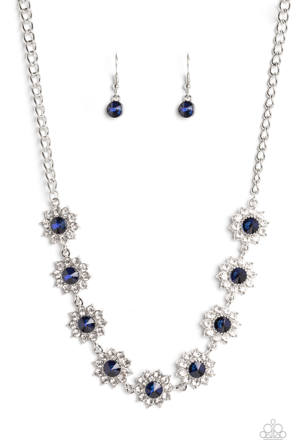 Blooming Brilliance - Blue Montana & White Rhinestone Floral Necklace Paparazzi N1422