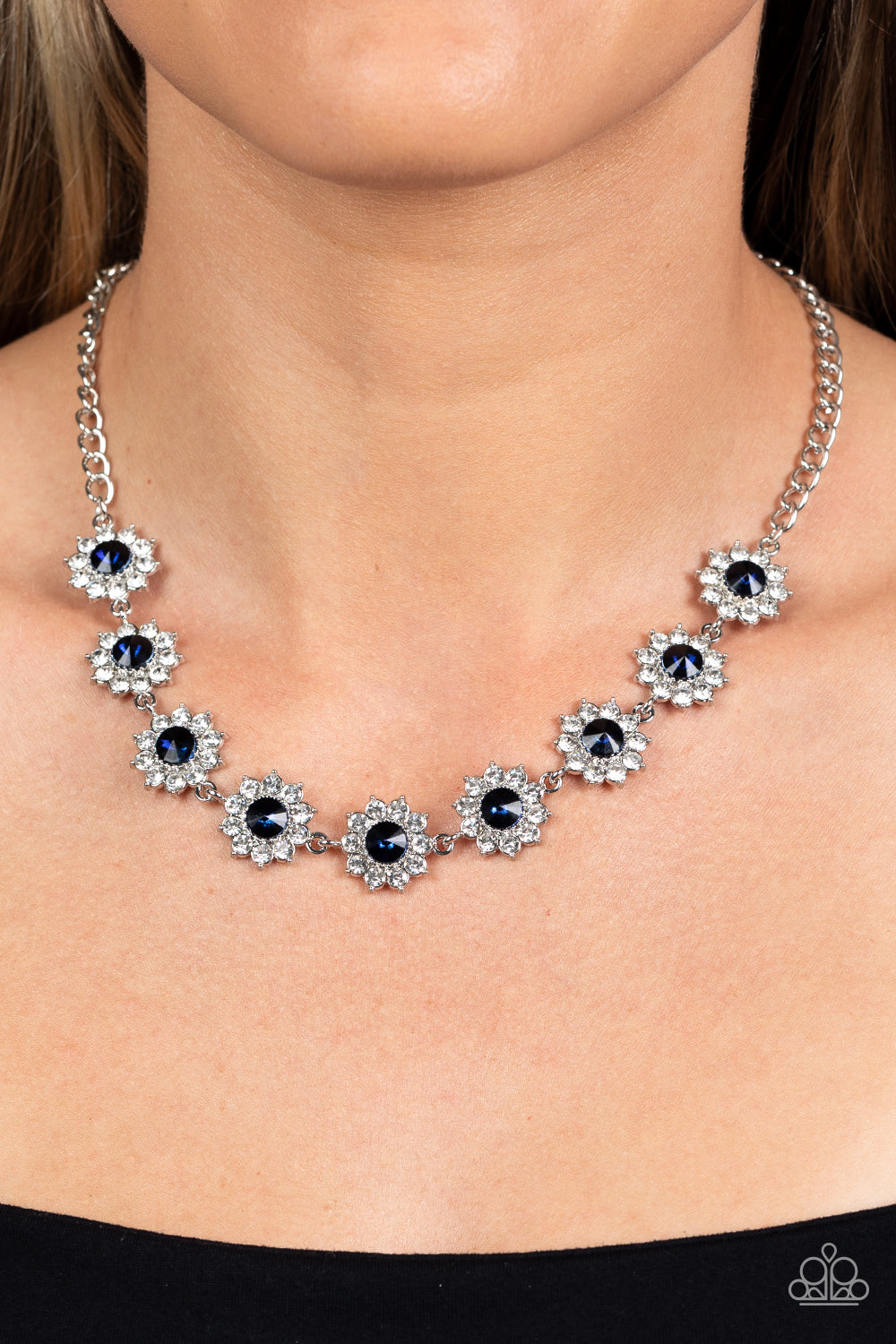 Blooming Brilliance - Blue Montana & White Rhinestone Floral Necklace Paparazzi N1422