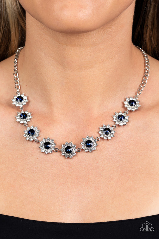 Blooming Brilliance - Blue Montana & White Rhinestone Floral Necklace Paparazzi N1422