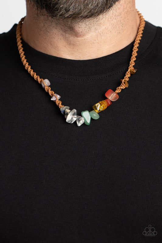 Chiseled Craving - Brown Knotted Cording Multicolored Stone Amethyst, Jade, Lapis, Tigers Eye Urban Necklace Paparazzi N1828