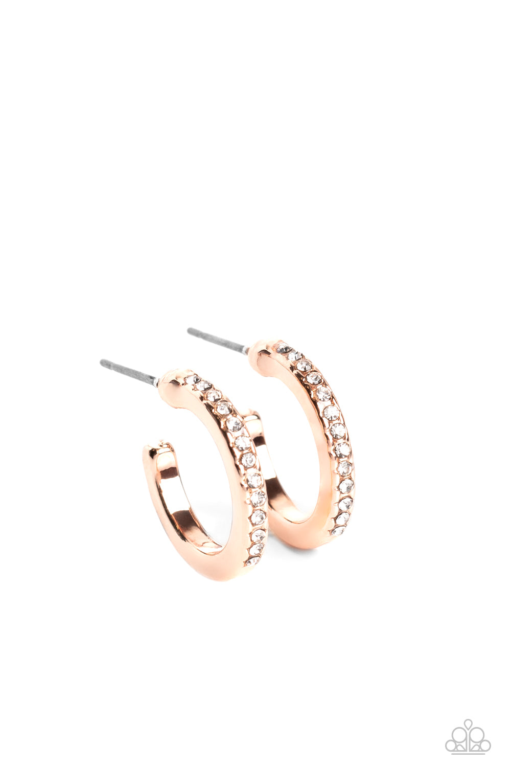 Audaciously Angelic - Rose Gold & White Rhinestone 1/2" Hoop Earring Paparazzi E1286