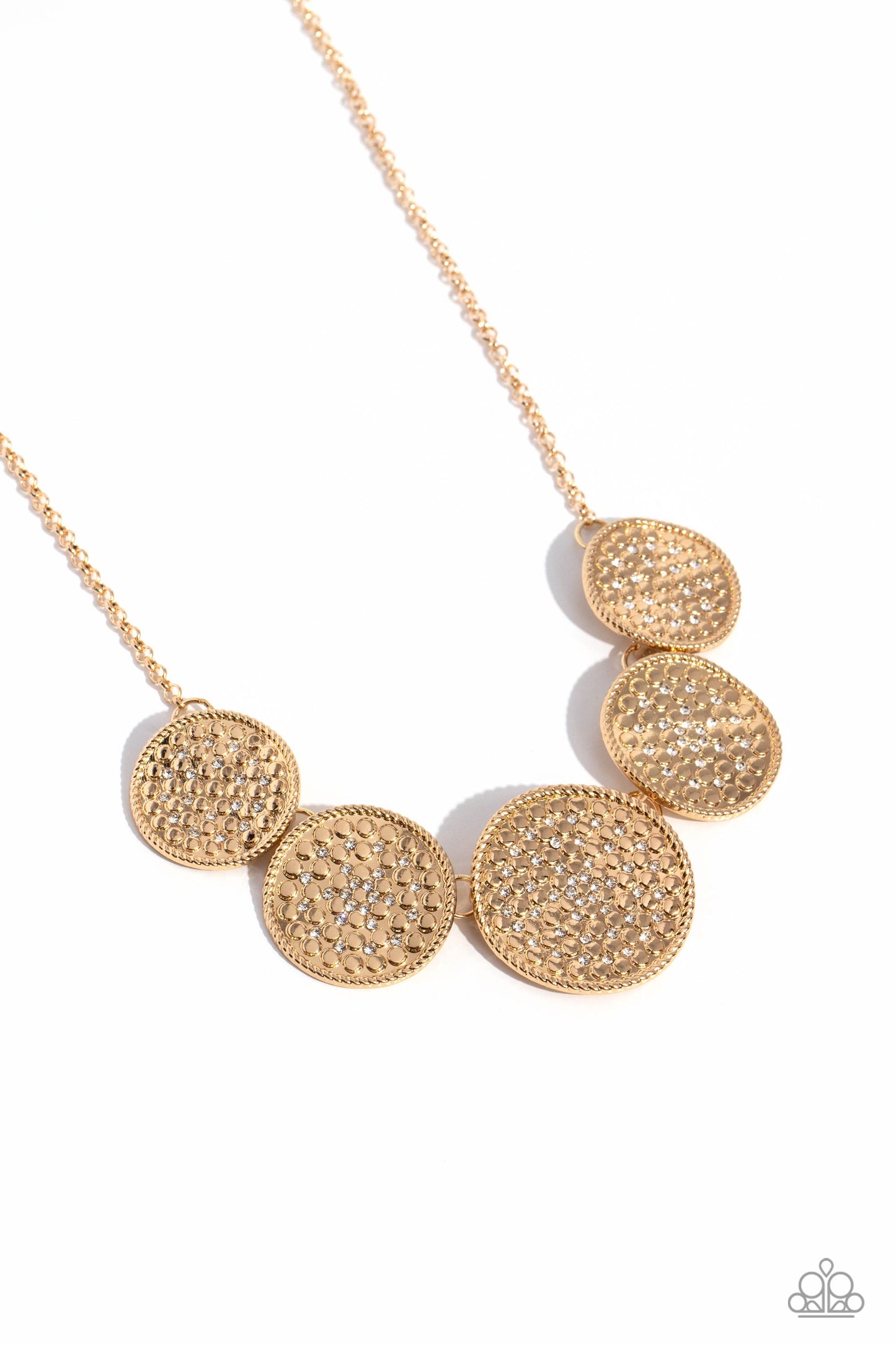 Medaled Mosaic - Gold Warped Disc & White Rhinestone Necklace Paparazzi N2078