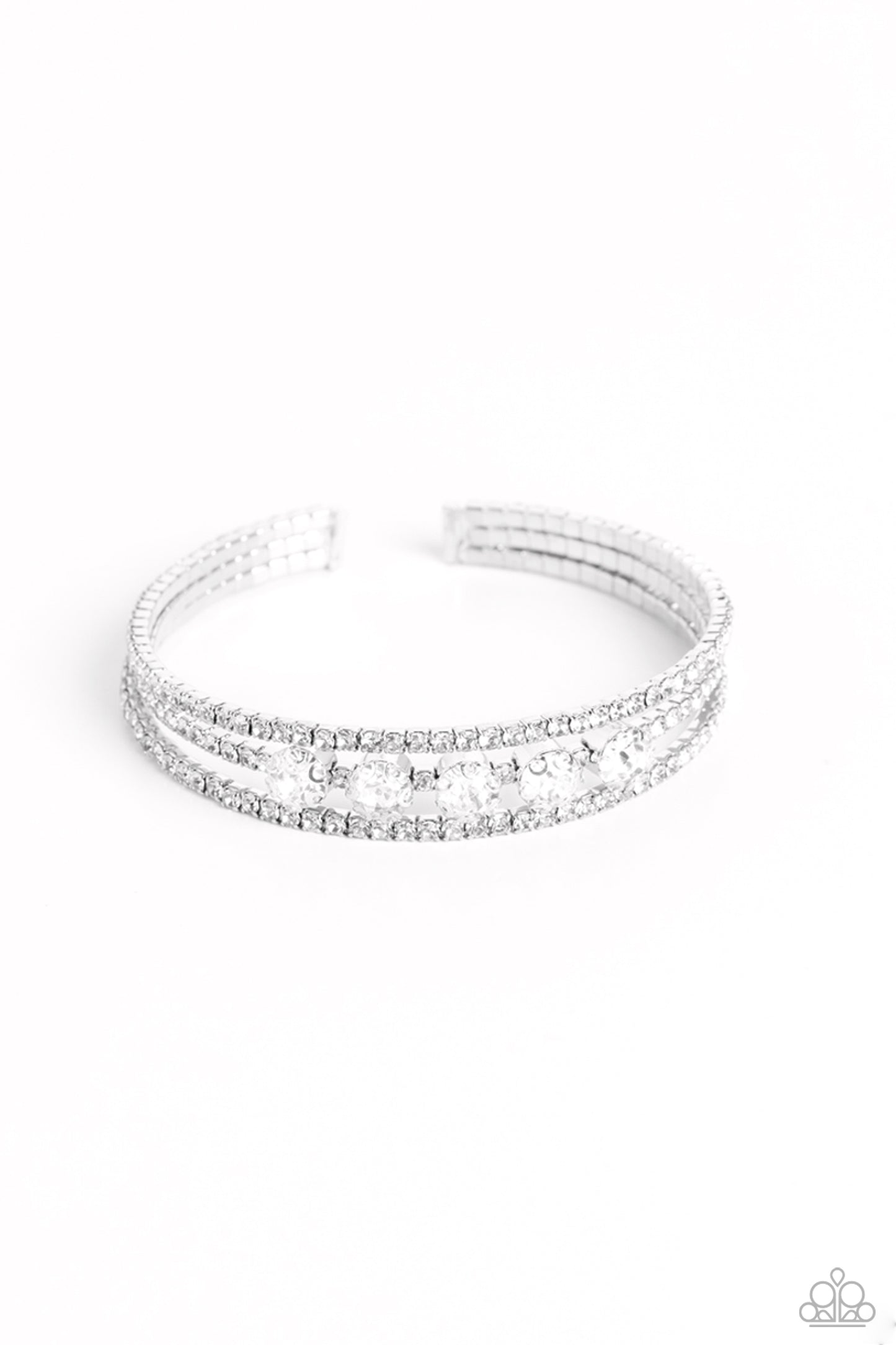 Lucid Layers - White Rhinestone Cuff Bracelet Paparazzi B1099