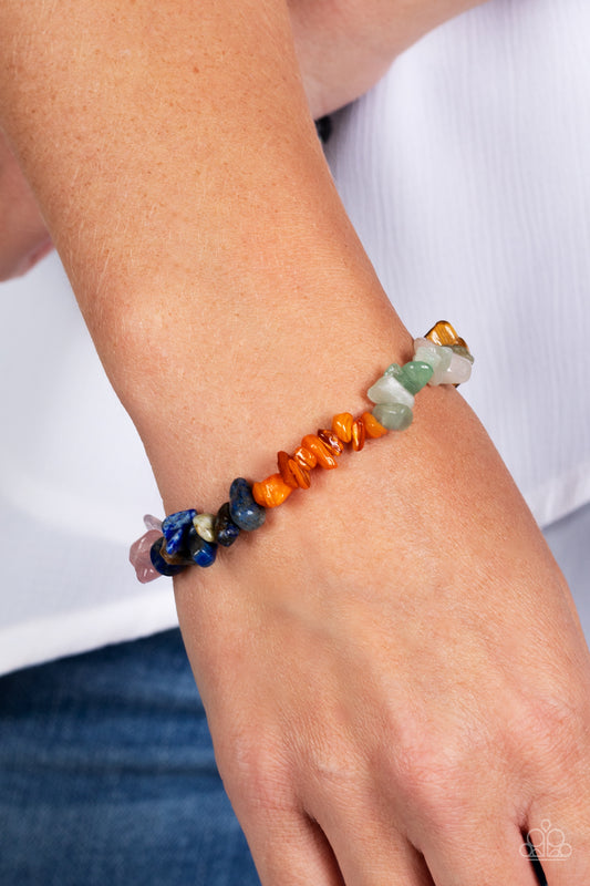 Pebbled Plains - Multi Turquoise, Lapis, Jade, Amethyst, Tiger's Eye, Orange Gray & Pink Pebble Stretch Bracelet Paparazzi B1019