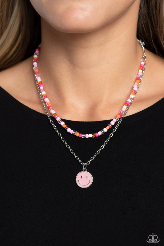 High School Reunion - Pink Smiley Face - Light Pink, White, Orange, Hot Pink Seed Bead Necklace Paparazzi N1583