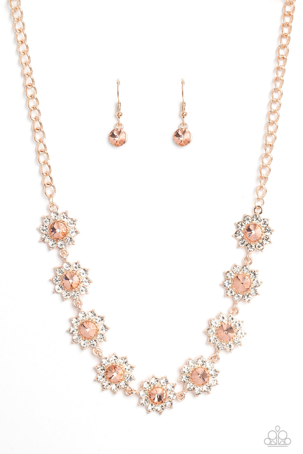 Blooming Brilliance - Rose Gold White Rhinestone Peachy Center Floral Necklace Paparazzi N1874