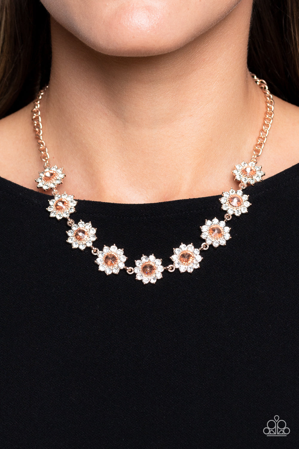 Blooming Brilliance - Rose Gold White Rhinestone Peachy Center Floral Necklace Paparazzi N1874