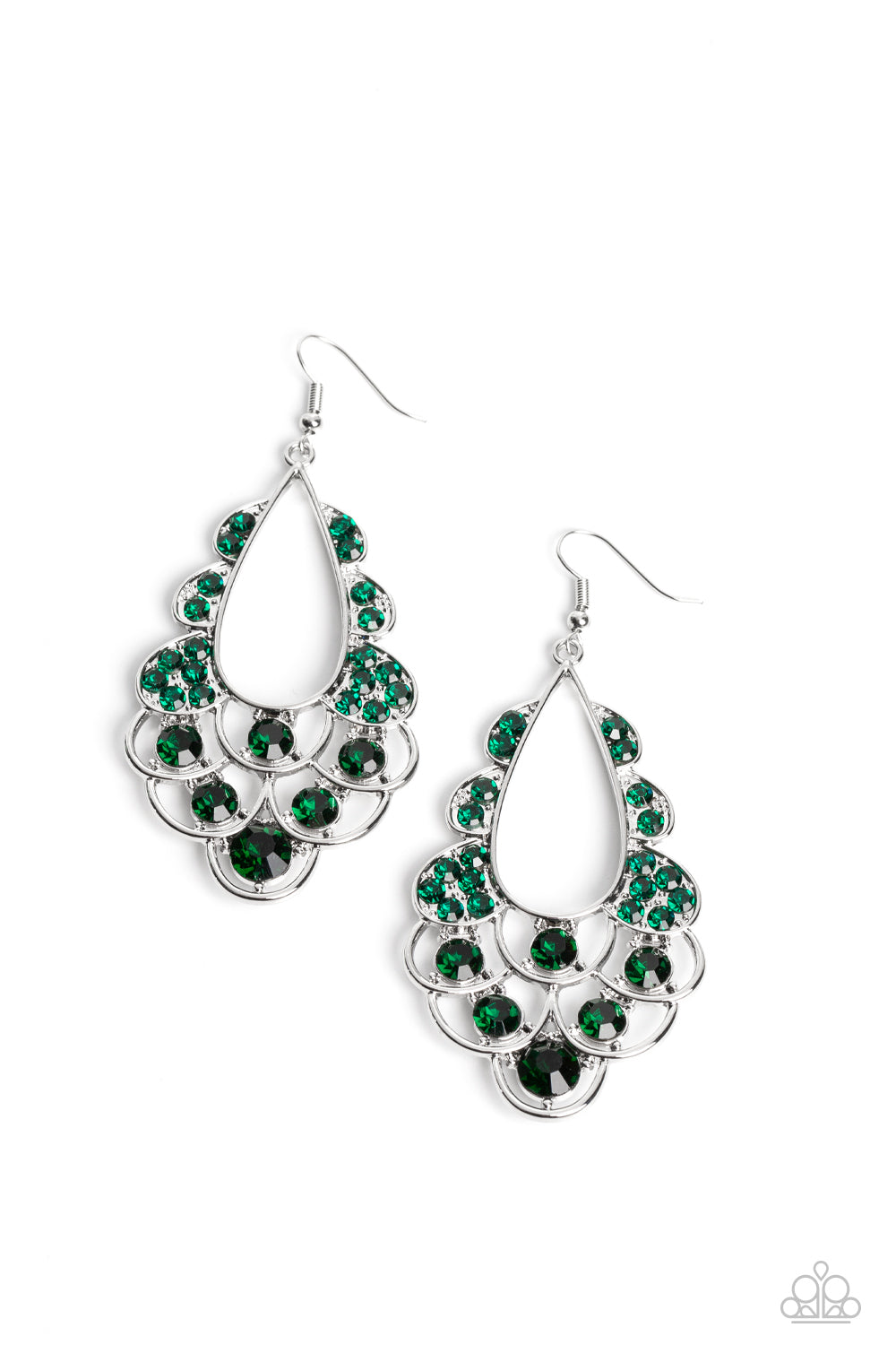 Majestic Masquerade - Green Emerald Gem Silver Teardrop Earring Paparazzi E1585