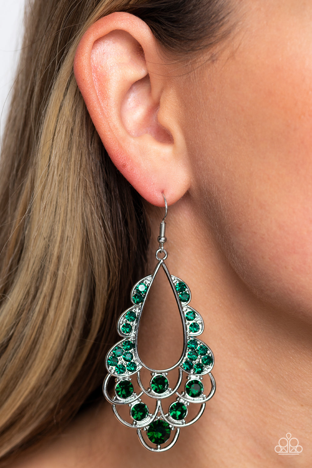 Majestic Masquerade - Green Emerald Gem Silver Teardrop Earring Paparazzi E1585