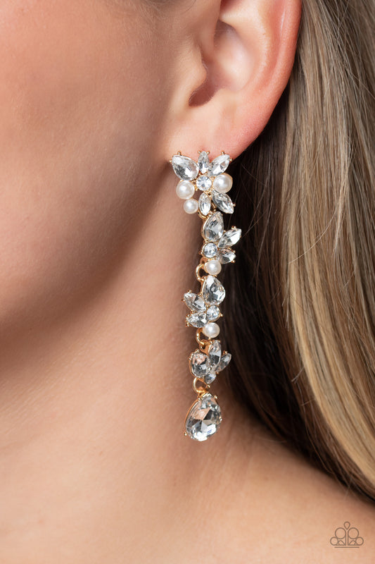 LIGHT at the Opera - Gold, White Gem & Pearl Post Earring Paparazzi E1664