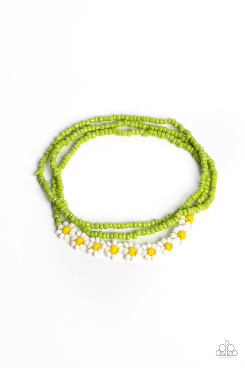 Buzzworthy Botanicals - White Seed Bead Flower Green Stretch Bracelets Paparazzi B1031